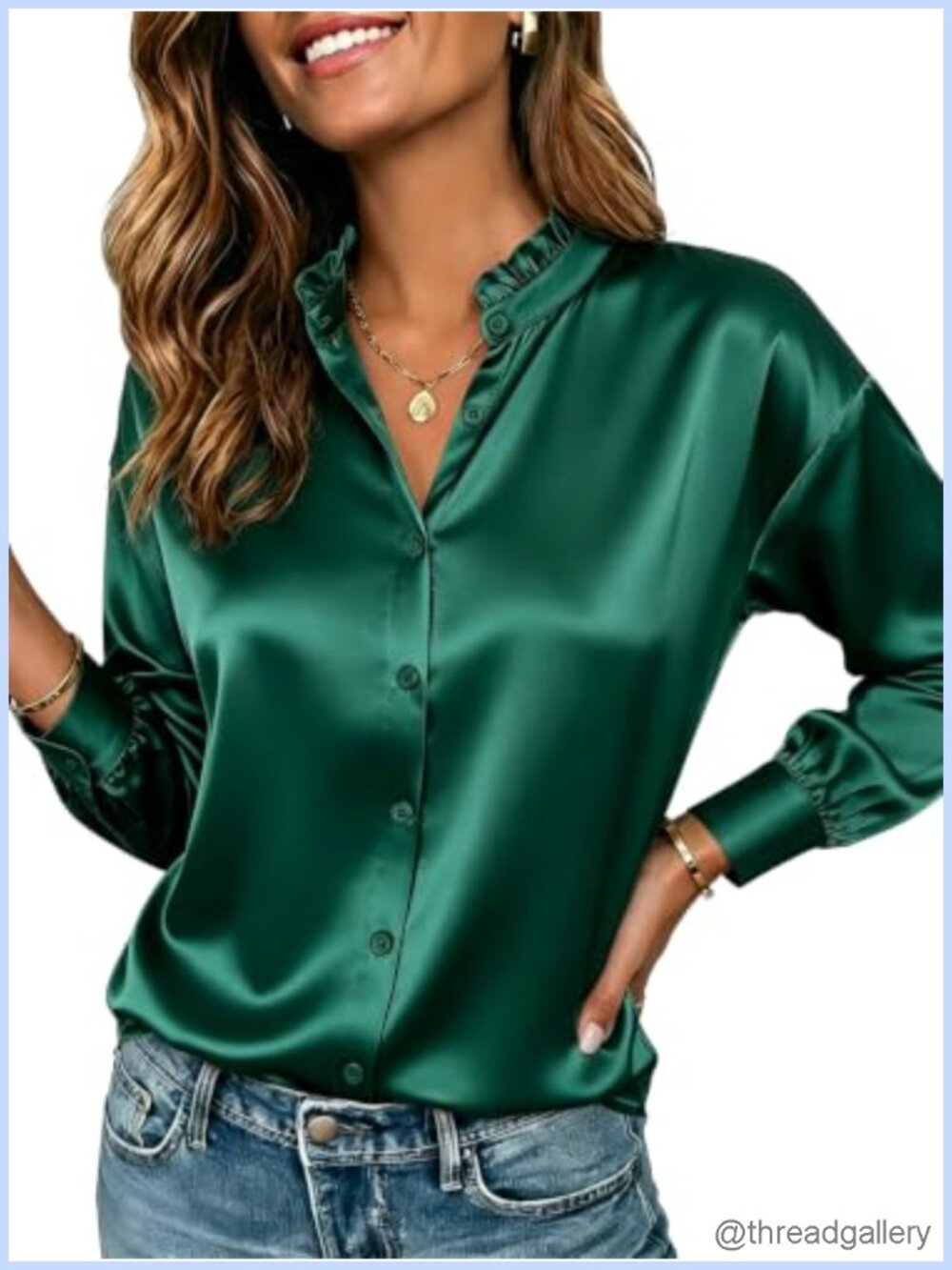 Womens Satin Ruffle Collar Long Sleeve Button Down Blouse